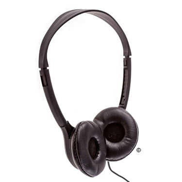 Black school headphones with soft earpads, ideal for bulk purchases in classrooms and educational settings.